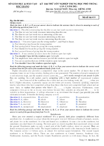 Đề thi thử tốt nghiệp THPT Tiếng Anh (Lần 1) - Mã đề 410 - Năm học 2020-2021 - Sở GD&ĐT Bắc Giang (Có đáp án)