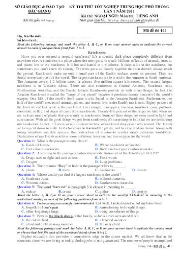 Đề thi thử tốt nghiệp THPT Tiếng Anh (Lần 1) - Mã đề 411 - Năm học 2020-2021 - Sở GD&ĐT Bắc Giang (Có đáp án)
