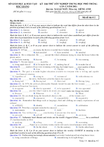 Đề thi thử tốt nghiệp THPT Tiếng Anh (Lần 1) - Mã đề 412 - Năm học 2020-2021 - Sở GD&ĐT Bắc Giang (Có đáp án)