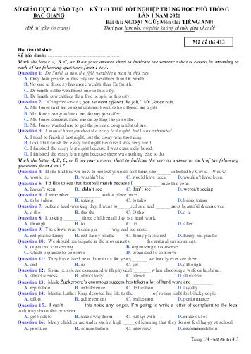 Đề thi thử tốt nghiệp THPT Tiếng Anh (Lần 1) - Mã đề 413 - Năm học 2020-2021 - Sở GD&ĐT Bắc Giang (Có đáp án)