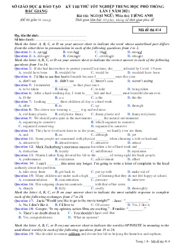 Đề thi thử tốt nghiệp THPT Tiếng Anh (Lần 1) - Mã đề 414 - Năm học 2020-2021 - Sở GD&ĐT Bắc Giang (Có đáp án)