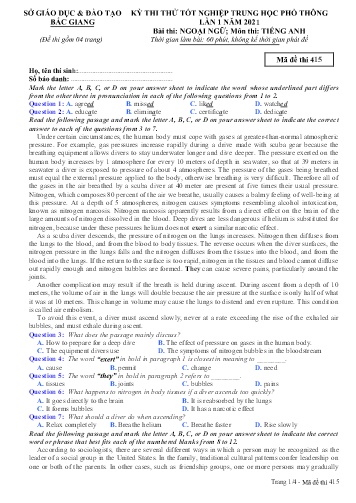 Đề thi thử tốt nghiệp THPT Tiếng Anh (Lần 1) - Mã đề 415 - Năm học 2020-2021 - Sở GD&ĐT Bắc Giang (Có đáp án)