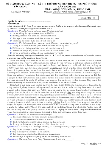 Đề thi thử tốt nghiệp THPT Tiếng Anh (Lần 1) - Mã đề 416 - Năm học 2020-2021 - Sở GD&ĐT Bắc Giang (Có đáp án)