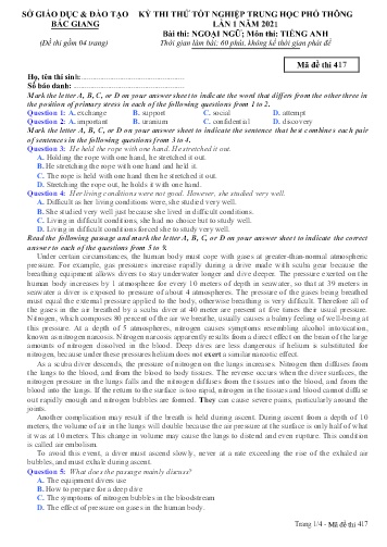 Đề thi thử tốt nghiệp THPT Tiếng Anh (Lần 1) - Mã đề 417 - Năm học 2020-2021 - Sở GD&ĐT Bắc Giang (Có đáp án)