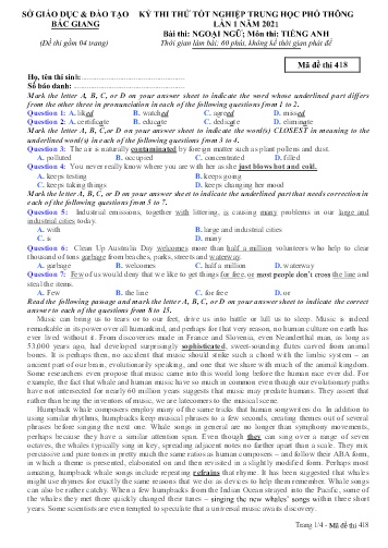 Đề thi thử tốt nghiệp THPT Tiếng Anh (Lần 1) - Mã đề 418 - Năm học 2020-2021 - Sở GD&ĐT Bắc Giang (Có đáp án)