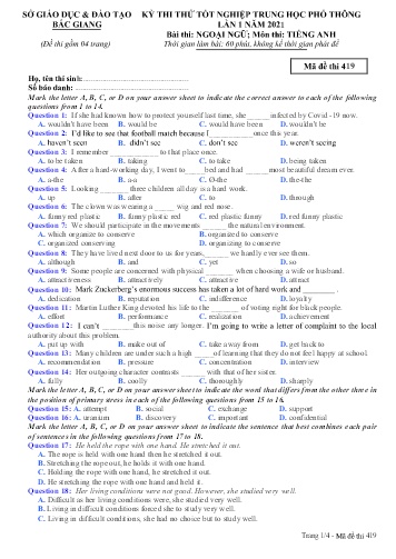 Đề thi thử tốt nghiệp THPT Tiếng Anh (Lần 1) - Mã đề 419 - Năm học 2020-2021 - Sở GD&ĐT Bắc Giang (Có đáp án)