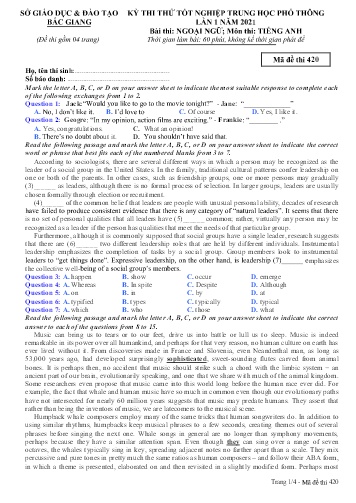 Đề thi thử tốt nghiệp THPT Tiếng Anh (Lần 1) - Mã đề 420 - Năm học 2020-2021 - Sở GD&ĐT Bắc Giang (Có đáp án)