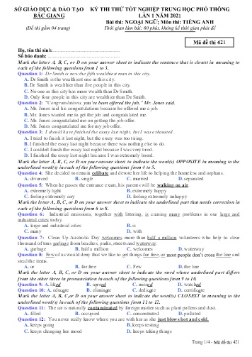 Đề thi thử tốt nghiệp THPT Tiếng Anh (Lần 1) - Mã đề 421 - Năm học 2020-2021 - Sở GD&ĐT Bắc Giang (Có đáp án)