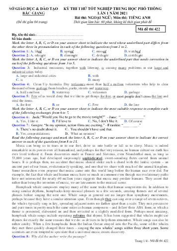 Đề thi thử tốt nghiệp THPT Tiếng Anh (Lần 1) - Mã đề 422 - Năm học 2020-2021 - Sở GD&ĐT Bắc Giang (Có đáp án)