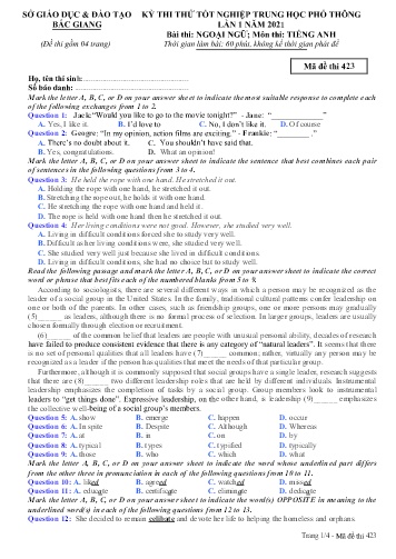 Đề thi thử tốt nghiệp THPT Tiếng Anh (Lần 1) - Mã đề 423 - Năm học 2020-2021 - Sở GD&ĐT Bắc Giang (Có đáp án)