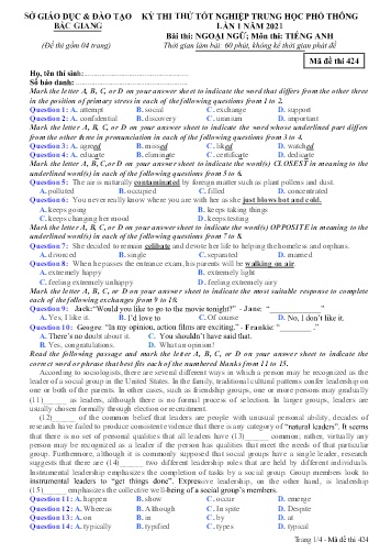 Đề thi thử tốt nghiệp THPT Tiếng Anh (Lần 1) - Mã đề 424 - Năm học 2020-2021 - Sở GD&ĐT Bắc Giang (Có đáp án)