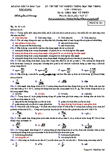 Đề thi thử tốt nghiệp THPT Vật lí (Lần 1) - Mã đề 201 - Năm học 2020-2021 - Sở GD&ĐT Bắc Giang (Có đáp án)