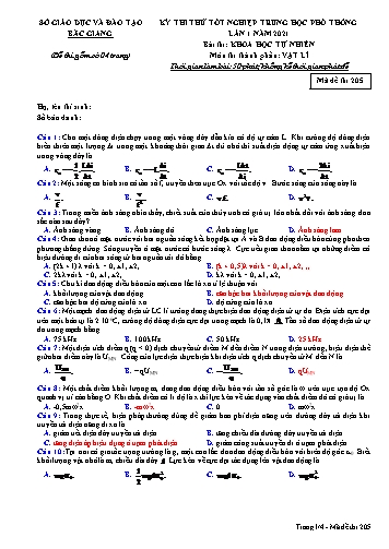 Đề thi thử tốt nghiệp THPT Vật lí (Lần 1) - Mã đề 205 - Năm học 2020-2021 - Sở GD&ĐT Bắc Giang (Có đáp án)