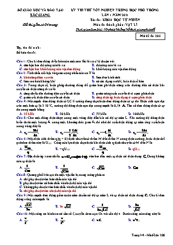 Đề thi thử tốt nghiệp THPT Vật lí (Lần 1) - Mã đề 206 - Năm học 2020-2021 - Sở GD&ĐT Bắc Giang (Có đáp án)