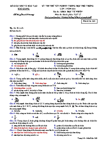 Đề thi thử tốt nghiệp THPT Vật lí (Lần 1) - Mã đề 209 - Năm học 2020-2021 - Sở GD&ĐT Bắc Giang (Có đáp án)