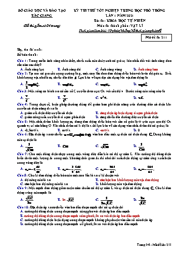 Đề thi thử tốt nghiệp THPT Vật lí (Lần 1) - Mã đề 211 - Năm học 2020-2021 - Sở GD&ĐT Bắc Giang (Có đáp án)