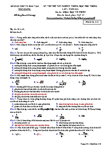 Đề thi thử tốt nghiệp THPT Vật lí (Lần 1) - Mã đề 214 - Năm học 2020-2021 - Sở GD&ĐT Bắc Giang (Có đáp án)