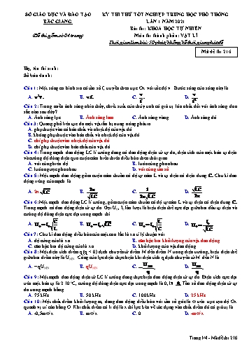 Đề thi thử tốt nghiệp THPT Vật lí (Lần 1) - Mã đề 216 - Năm học 2020-2021 - Sở GD&ĐT Bắc Giang (Có đáp án)