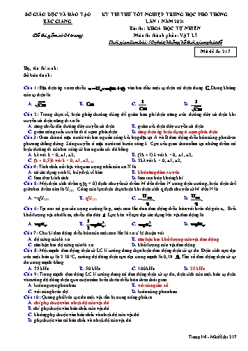Đề thi thử tốt nghiệp THPT Vật lí (Lần 1) - Mã đề 217 - Năm học 2020-2021 - Sở GD&ĐT Bắc Giang (Có đáp án)