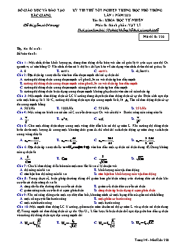 Đề thi thử tốt nghiệp THPT Vật lí (Lần 1) - Mã đề 220 - Năm học 2020-2021 - Sở GD&ĐT Bắc Giang (Có đáp án)
