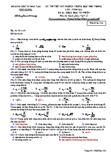 Đề thi thử tốt nghiệp THPT Vật lí (Lần 1) - Mã đề 223 - Năm học 2020-2021 - Sở GD&ĐT Bắc Giang (Có đáp án)