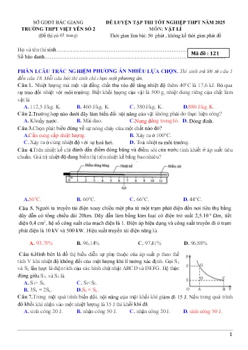 Đề thi thử tốt nghiệp THPT Vật lí - Mã đề 121 - Năm học 2024-2025 - Trường THPT Việt Yên số 2 (Có đáp án)