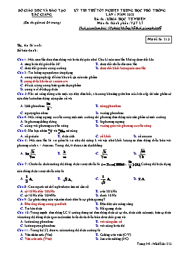 Đề thi thử tốt nghiệp THPT Vật lí - Mã đề 213 - Năm học 2021-2022 - Sở GD&ĐT Bắc Giang (Có đáp án)