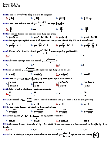 Đề thi Toán 12 (Lần 2) - Năm học 2016-2017 (Có đáp án)