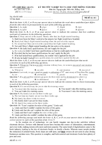 Đề thi tốt nghiệp THPT Tiếng Anh (Lần 2) - Mã đề 401 - Năm học 2023-2024 - Sở GD&ĐT Bắc Giang (Có đáp án)