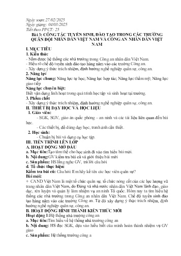 Giáo án GDQP&AN 12 (Cánh diều) - Bài 3: Công tác tuyển sinh, đào tạo trong các trường quân đội nhân dân Việt Nam và công an nhân dân Việt Nam - Năm học 2024-2025