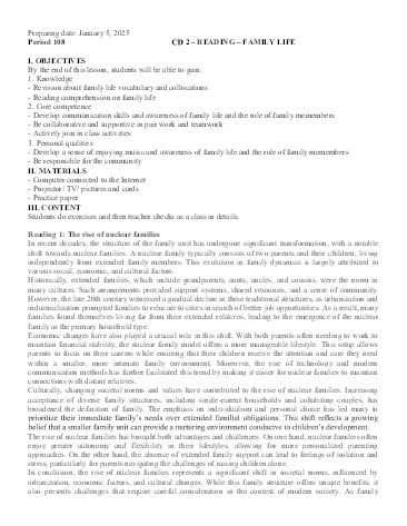 Giáo án Tiếng Anh 12 (Reading) - Tuần 31, Chuyên đề 2: Family life - Năm học 2024-2025