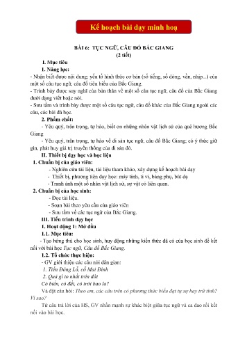 Kế hoạch bài dạy Giáo dục địa phương 7 - Bài 6: Tục ngữ, câu đố Bắc Giang