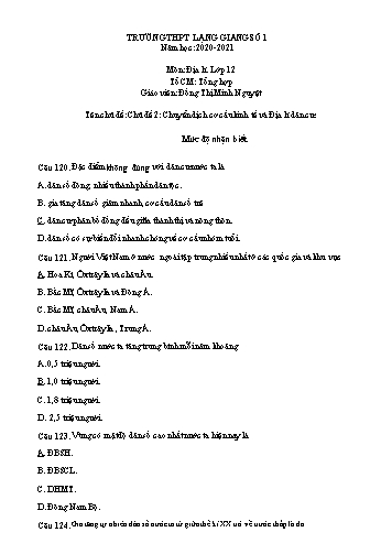 Ngân hàng câu hỏi ôn tập Địa lí 12 - Chủ đề 2: Chuyển dịch cơ cấu kinh tế và Địa lí dân cư - Năm học 2020-2021 - Đồng Thị Minh Nguyệt