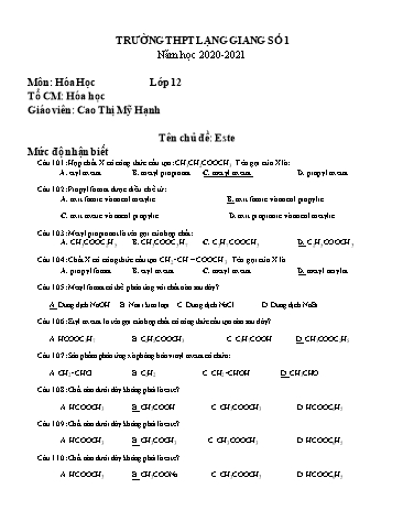 Ngân hàng câu hỏi ôn tập Hóa học 12 - Chủ đề: Est - Năm học 2020-2021 - Cao Thị Mỹ Hạnh