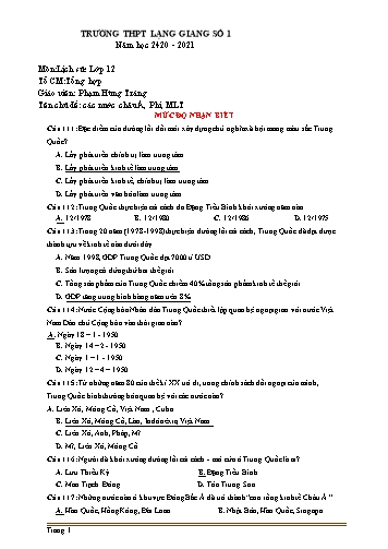 Ngân hàng câu hỏi ôn tập Lịch sử 12 - Chủ đề: Các nước Châu Á, Châu Mỹ Latinh - Năm học 2020-2021 - Phạm Hùng Tráng