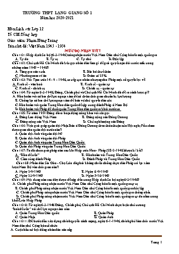 Ngân hàng câu hỏi ôn tập Lịch sử 12 - Chủ đề: Việt Nam 1945-1954 - Năm học 2020-2021 - Phạm Hùng Tráng