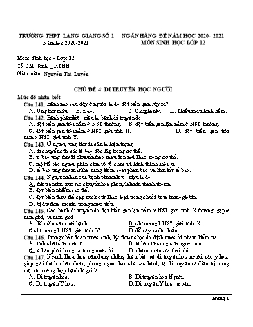 Ngân hàng câu hỏi ôn tập Sinh học 12 - Năm học 2020-2021 - Nguyễn Thị Luyến