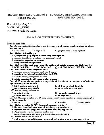 Ngân hàng câu hỏi ôn tập Sinh học Lớp 12 - Năm học 2020-2021 - Nguyễn Thị Luyến
