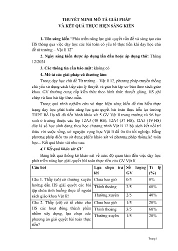 Phát triển năng lực giải quyết vấn đề và sáng tạo của học sinh thông qua việc dạy học các bài toán có yếu tố thực tiễn khi dạy học chủ đề từ trường Vật lí 12