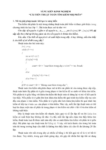 Sáng kiến kinh nghiệm Cải tiến thuật Toán tìm kiếm nhị phân