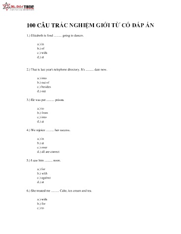 Tài liệu 100 Câu trắc nghiệm giới từ có đáp án