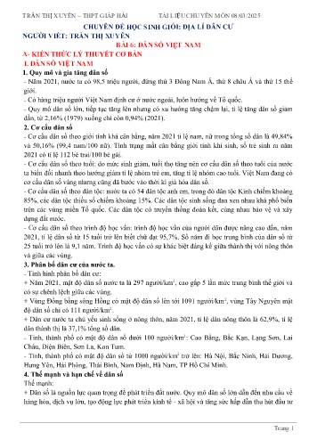 Tài liệu HSG Địa lí 12 - Chuyên đề: Địa lí dân cư - Năm học 2024-2025 - Trần Thị Xuyên