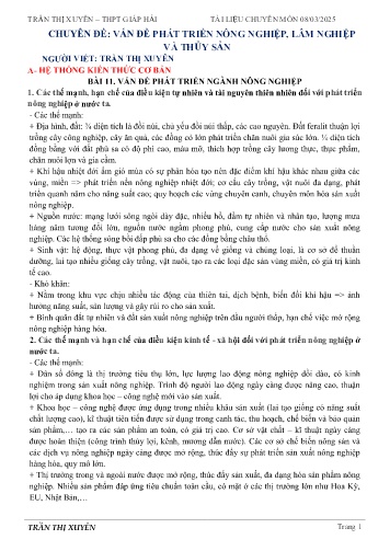 Tài liệu HSG Địa lí 12 - Chuyên đề: Vấn đề phát triển nông nghiệp, lâm nghiệp và thủy sản - Trần Thị Xuyên