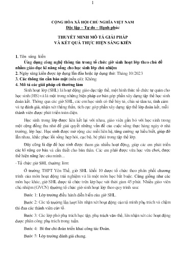 Ứng dụng công nghệ thông tin trong tổ chức giờ sinh hoạt lớp theo chủ đề nhằm giáo dục kĩ năng sống cho học sinh lớp chủ nhiệm