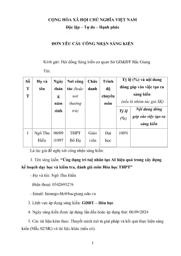 Ứng dụng trí tuệ nhân tạo AI hiệu quả trong xây dựng kế hoạch dạy học và kiểm tra, đánh giá môn Hóa học THPT