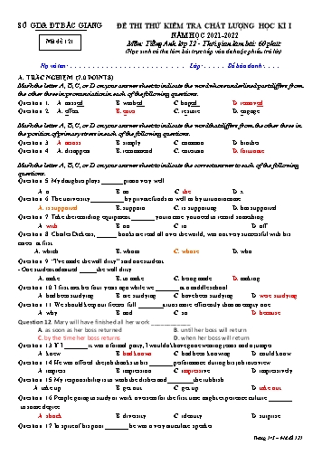 Đề thi thử kiểm tra chất lượng học kì I Tiếng Anh 12 - Mã đề 121 - Năm học 2021-2022 - Sở GD&ĐT Bắc Giang (Có đáp án)