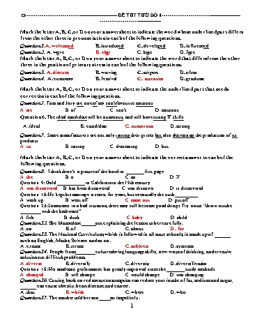 Đề thi thử Tiếng Anh 12 - Đề số 1 (Có đáp án)