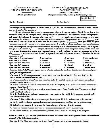 Đề thi thử tốt nghiệp THPT Tiếng Anh (Lần 2) - Mã đề thi 525 - Năm 2020-2021 - Trường THPT Yên Dũng số 2