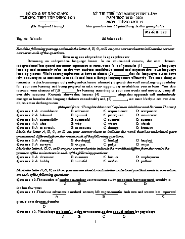 Đề thi thử tốt nghiệp THPT Tiếng Anh (Lần 2) - Mã đề thi 528 - Năm 2020-2021 - Trường THPT Yên Dũng số 2