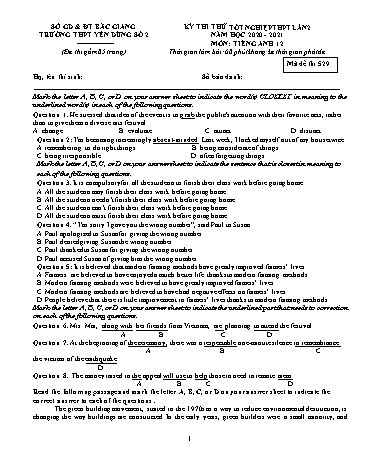 Đề thi thử tốt nghiệp THPT Tiếng Anh (Lần 2) - Mã đề thi 529 - Năm 2020-2021 - Trường THPT Yên Dũng số 2